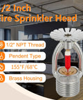 Zero Drama Heavy Duty Brass Pendent Fire Sprinkler Heads Fast Action Water Spray 155 Degree Thermal Bulb 1 Half Inch Npt Thread 6 Pack detail of 1/2 inch sprinkler head in office setting.