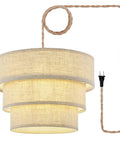 Three Tier Drum Linen Plug In Pendant Light With Fifteen Foot Hemp Rope Cord E26 Dimmer Switch Hanging Fixture