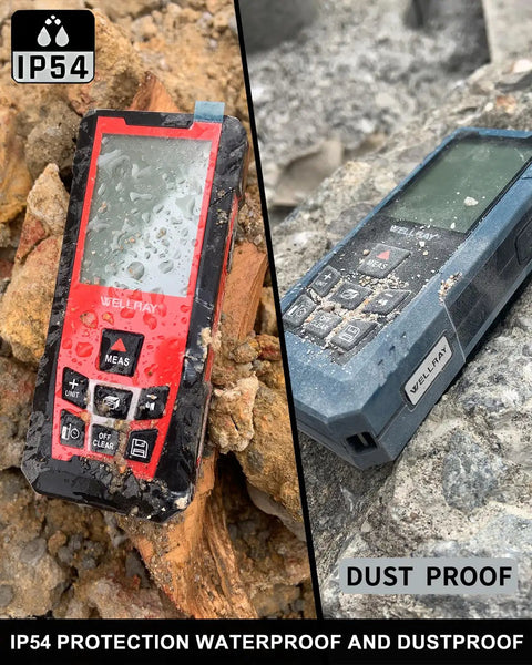 High Accuracy 500ft Laser Measure Tool With Angle Sensor Built For DIYers Indoors IP54 Rated Distance Meter In Feet And Inches For Area And Volume Calculations Long Battery Life With Auto Shutoff Black, red and black IP54 laser distance meter on rocks
