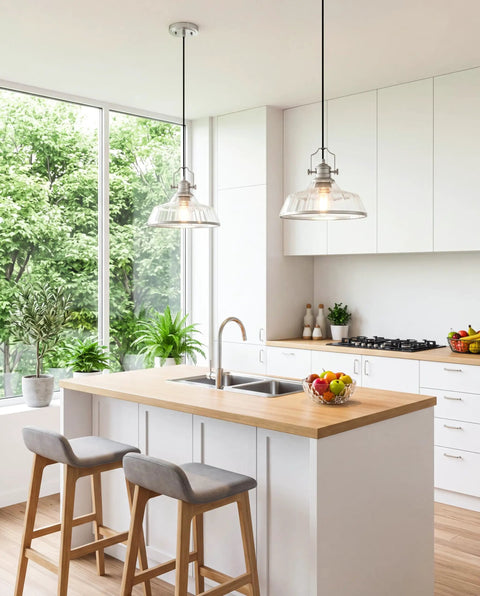kudos 11 Inch Brushed Nickel Clear Striped Pendant Light, KDPL13-BN-C hanging above a modern kitchen island with two stools.