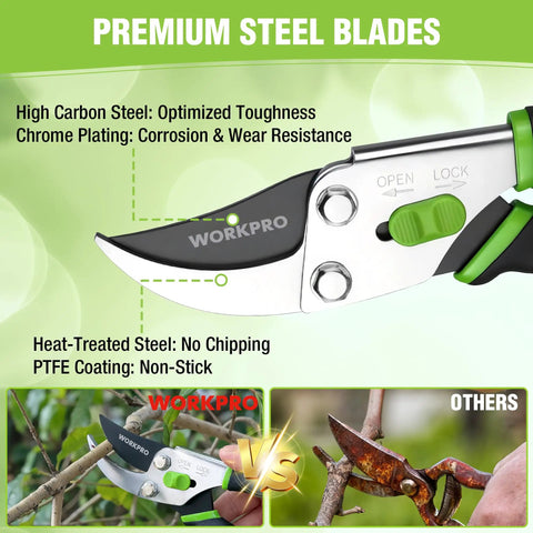 Bypass Pruning Shears 8.5 Inch With Non Slip Grip Handle, Pro Grade Garden Clippers showing high carbon steel blade and features