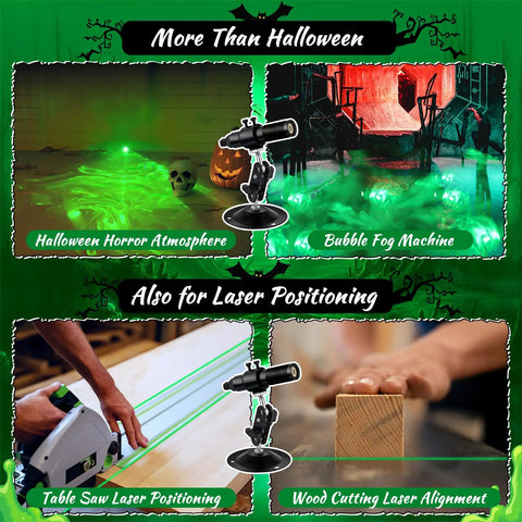 Green Laser Line Projector For Halloween Party And Haunted Yard Swamp Scene, Pairs With Fog Machines To Cast Eerie Neon Green Beams Through Low Ground Fog For Spooky Vibe Atmosphere, Class II Safety, Sub 1mW Power, mounted on stand
