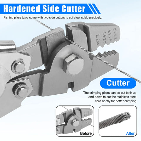 Heavy Duty Fishing Crimping Pliers Kit With Pro Grade Stainless Steel Wire Crimp Tool showing hardened side cutter feature