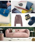 Collage showing a pink velvet sofa, colorful pillows, blue handbag, pink hoodie, and blue baseball cap with accessories.