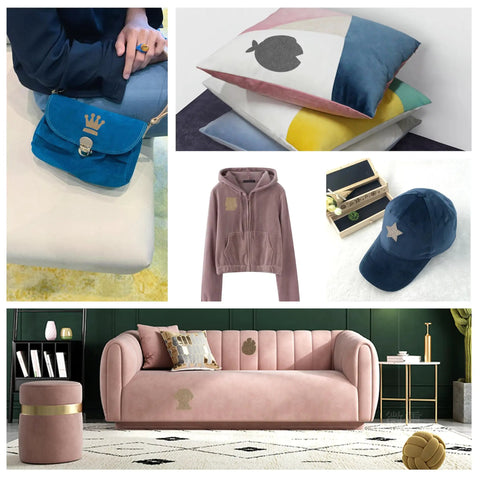 Collage showing a pink velvet sofa, colorful pillows, blue handbag, pink hoodie, and blue baseball cap with accessories.