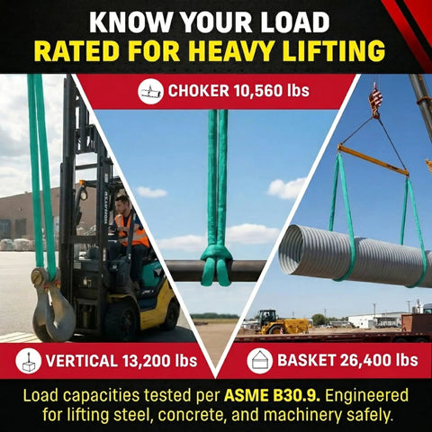 Green 8ft Endless Round Polyester Rigging Sling For Industrial Lifting And Rigging, shown lifting heavy loads.