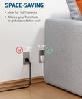 Two Pack 6 Foot White Extension Cords With Three Outlets 16/3 Gauge ETL Listed Flat Plug Grounded Great For Lamps Computers Monitors Fans And Other Small Appliances space-saving flat plug behind sofa