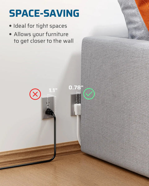 Two Pack 6 Foot White Extension Cords With Three Outlets 16/3 Gauge ETL Listed Flat Plug Grounded Great For Lamps Computers Monitors Fans And Other Small Appliances space-saving flat plug behind sofa