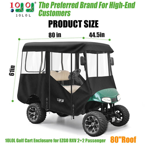 Top Shelf Golf Cart Enclosure For Ezgo Rxv Four Passenger Eighty Inch Extended Roof Sweet Spot Cover showing dimensions: 80" roof, 44.5" width, 6" height.
