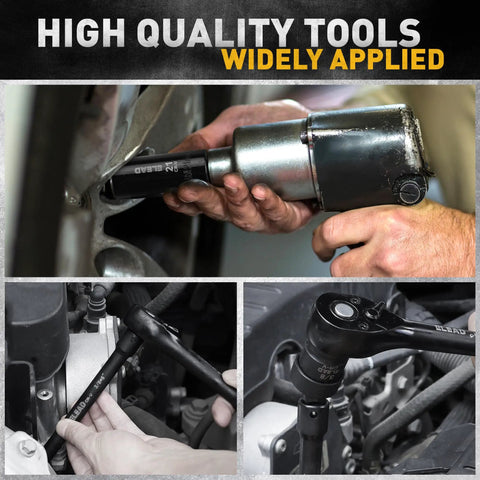 Three Eighths Drive Impact Socket Set With Fifty Piece Shallow And Deep Sockets used for car maintenance in close-up views