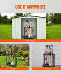 Collage showing Garden Tool Organizer Tower with ten slots for yard tools in tool room, garden, and garage.