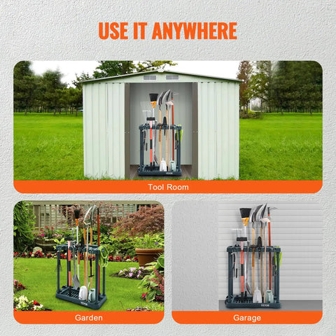 Collage showing Garden Tool Organizer Tower with ten slots for yard tools in tool room, garden, and garage.