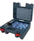 23 Piece Sheet Metal Hole Saw Set With Pilot Bit That Snaps In Mandrel, Threadless Quick Change, Positive Lock To Keep Wobble Down