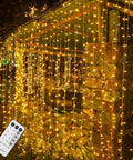 300 LED Curtain String Lights With Remote Control, Warm White Indoor Outdoor Decor for Holidays and Events displayed outside