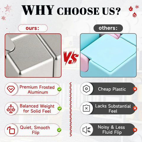 Comparison of Infinity Cube Fidget Desk Accessory for Adults All Day Focus Tool with premium frosted aluminum versus cheap plastic.