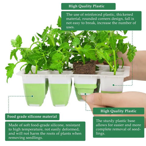 Reusable Seed Starter Kit With 72 Cell Silicone Seedling Trays Flexible Pop Out Cells indoor gardening with green seedlings