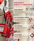 Lockout Tagout Locks 6 Pack OSHA Red LOTO Locks Keyed Different, 2 Keys Per Lock, beefy chrome steel shackle, safety padlock illustration