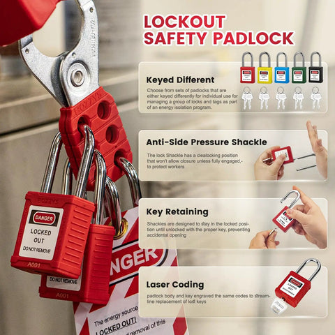 Lockout Tagout Locks 6 Pack OSHA Red LOTO Locks Keyed Different, 2 Keys Per Lock, beefy chrome steel shackle, safety padlock illustration