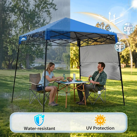 8x8 pop up canopy tent with sidewall, compact portable sun shelter for beach, sports, and camping, slant leg design, blue system