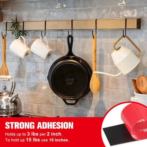 Double-sided mounting tape advertisement in a kitchen; red banner says strong adhesion and shows a tape roll.