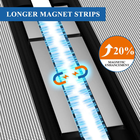 Magnetic Screen Door Fits 32x80 Inch Door, 34x81 Mesh, close-up of magnet strips with 20% enhancement notice on black mesh background.