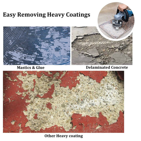 Coating Removal Stone Texturing Bush Hammer For Angle Grinder With 5 Inch Plate, rugged pro grade tool shown on concrete