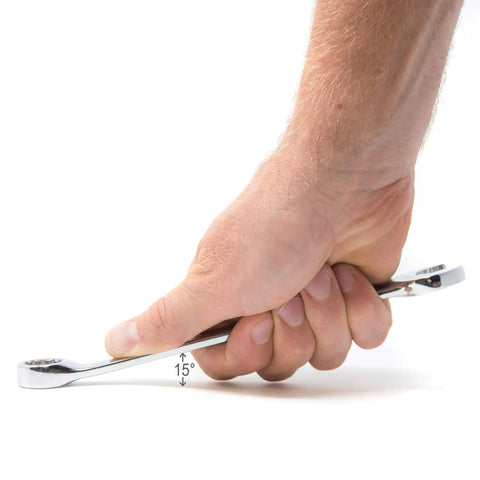 Hand holding a 6-Point Box End Standard Combination Wrench, 13-Piece, Fully Polished Chrome Finish, showing 15-degree angle.