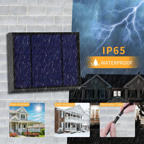 Solar Powered Outdoor Pendant Light With Remote shown waterproof, heat-resistant, cold-resistant with IP65 rating and detachable cable.