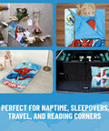 Spiderman Slumber Bag and Pillow Set displayed in indoor and travel settings for sleepovers and home camp.