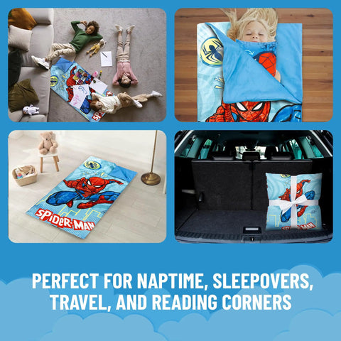 Spiderman Slumber Bag and Pillow Set displayed in indoor and travel settings for sleepovers and home camp.