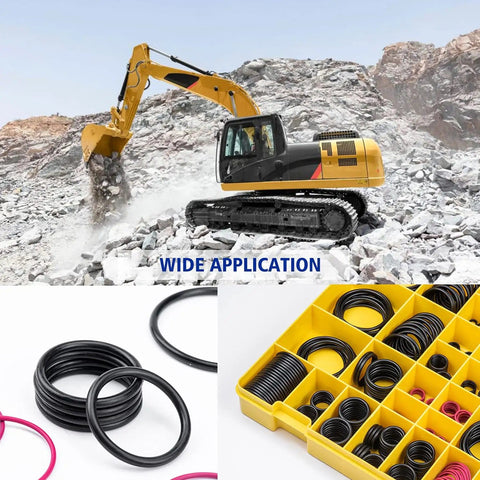Nitrile 90 O-Ring Kit For Cat Excavator Hydraulic Hose Fittings, 32-Piece Buna N Seals Set with excavator in background