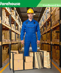 Heavy Duty Cardboard Box Organizer Rack For Shipping And Packing Station in warehouse with a worker, supporting large flat boxes.