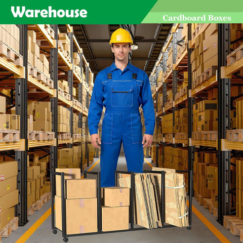Heavy Duty Cardboard Box Organizer Rack For Shipping And Packing Station in warehouse with a worker, supporting large flat boxes.