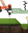 Person using a drill with an 18 inch ground anchor screw in earth stake for secure installation, Rock Solid Legit Heavy Duty.