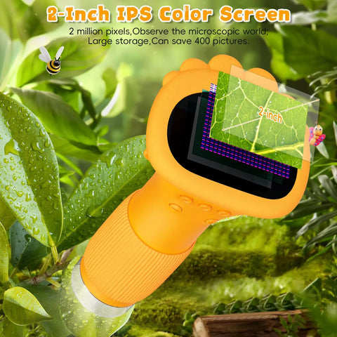 Kid-Friendly 1000X Handheld Digital Microscope With 2 Inch HD IPS Screen, Portable Mini Camera For Exploring Nature, Educational Science Toy Gift For 3-12 Year Old Kids. Orange handheld microscope showing a leaf on the 2-inch screen.