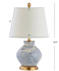 Blue And White Marbleized Ceramic Table Lamp With Gold Accents And White Linen Empire Shade, Contemporary Traditional Bedside Lamp For Living Room Or Nightstand, LED Bulb Included, Cozy Glow
