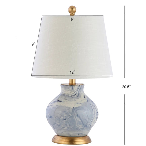 Blue And White Marbleized Ceramic Table Lamp With Gold Accents And White Linen Empire Shade, Contemporary Traditional Bedside Lamp For Living Room Or Nightstand, LED Bulb Included, Cozy Glow