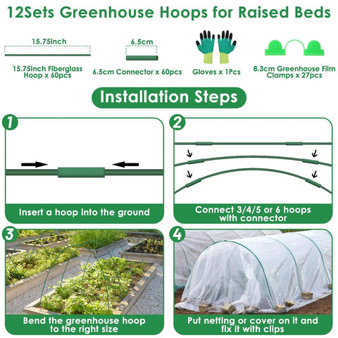 Pro Grade Fiberglass Garden Hoops for Raised Beds and Greenhouses, Rust Free Grow Tunnel Kit, 60 Pcs Plant Support Stakes, Hoop House Frame for Netting Shade Cloth and Row Covers, Durable Garden Bed Supports