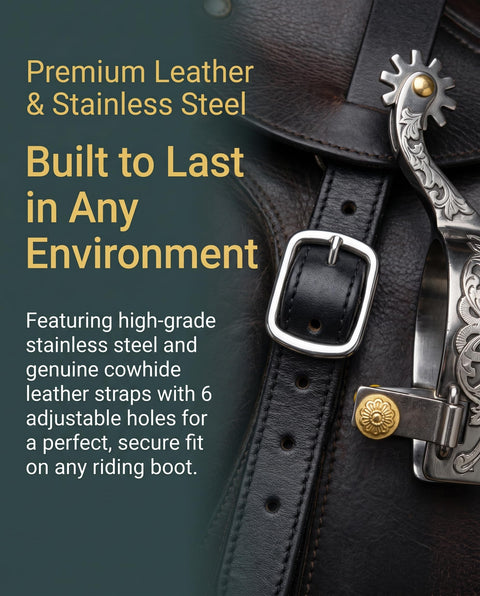 Western Cowboy Stainless Steel Spurs With Cowhide Belt German Silver Decorative Plate Featuring Gear Motif Copper Cap Buckle Spur Straps Included For Boots MP1229-02 close-up