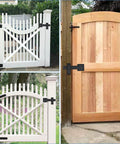 Heavy Duty Farm Gate Latch Set 6 Inch Flip Gate Latch For Barn Shed Sliding Doors And Cabinet 4 Pack Carbon Steel with Powder Coat Finish installed on wooden gates.