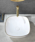 Modern Square 16 By 16 White Porcelain Vessel Sink With Gold Trim For Lavatory Vanity Cabinet, overhead view on gray counter