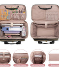 Interior view of rolling teacher bag with two open compartments, padded laptop sleeves, elastic pouches, and storage for 15.6 inch laptops.