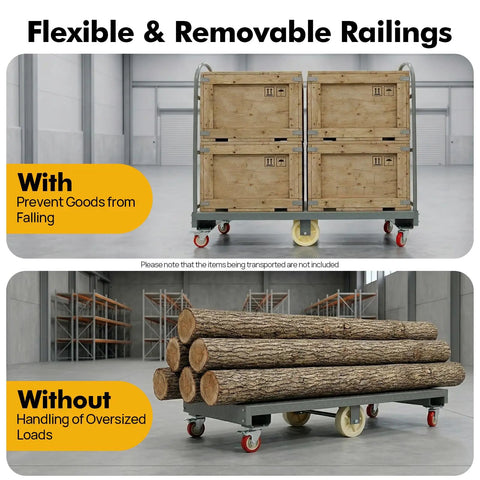 Beefy Heavy Duty 2000 Lb U Boat Cart Platform Truck Dolly For Warehouse Moving And Material Handling, Steel Frame With A 2mm Thick Platform, Durable Utility Cart For Boxes Equipment And Supplies with removable railings