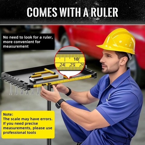 Height Adjustable Rolling Tool Cart With Wheels And Magnetic Tray Holder For Garage Workbench 42cm By 30.5cm Tray 50 Lb Load Capacity Magnetic Strip Organizer Mobile Tool Storage Cart with integrated ruler.