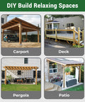 4 DIY structures: wooden carport, elevated deck, pergola, and patio, showcasing 6 By 6 Galvanized Steel Post Base usage