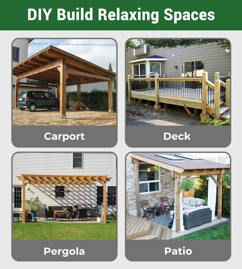4 DIY structures: wooden carport, elevated deck, pergola, and patio, showcasing 6 By 6 Galvanized Steel Post Base usage