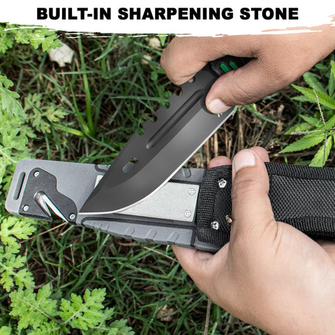 Hands using Six In One Survival Knife with Full Tang Design and 4.33 Inch Drop Point Blade against sharpening stone in sheath