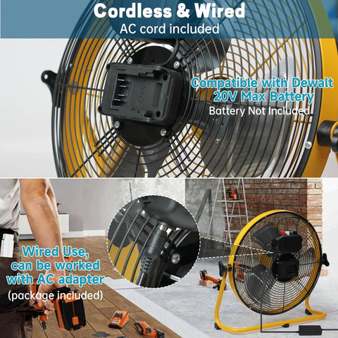 16 Inch High Velocity Cordless Floor Fan With 20V Max Battery Compatibility 3 Speed Portable Metal Industrial Fan With AC Adapter