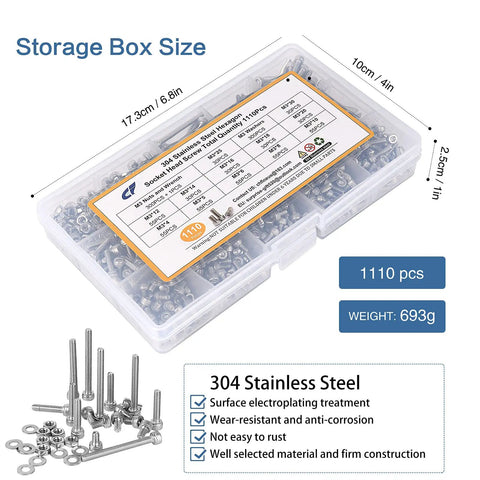 Durable M3 Hardware Kit With 304 Stainless Steel Hex Socket Cap Screws, Nuts And Flat Washers in clear storage box