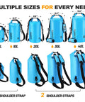 Roll Top Waterproof Dry Bag 5L 10L 20L 30L 40L with Free Waterproof Phone Case, showcasing sizes and straps display.